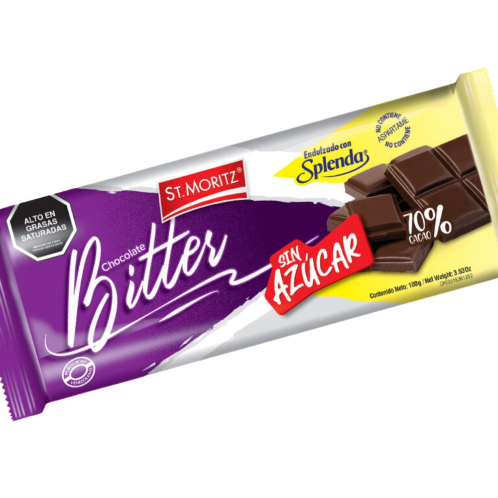 St. Moritz Chocolate Bitter 70% Cacao Sin Azucar Endulzado con Splenda 100gr 1 Und