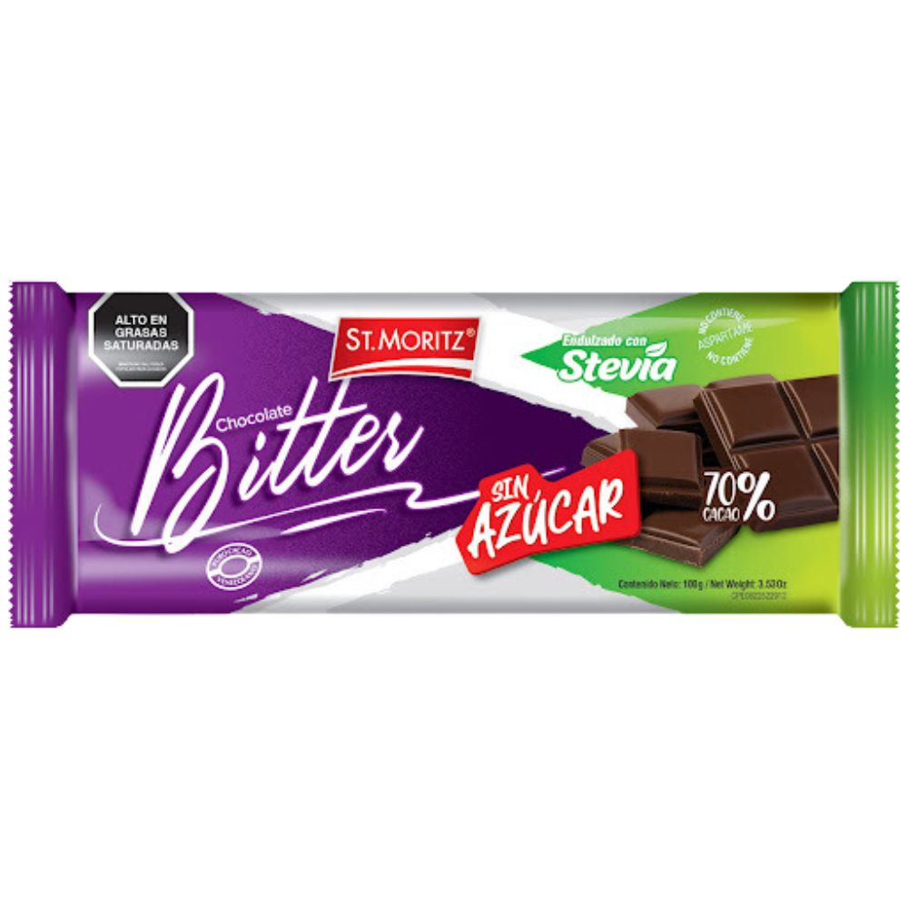 St. Moritz Chocolate Bitter 70% Cacao Sin Azucar Endulzado con Stevia 100gr 1 Und