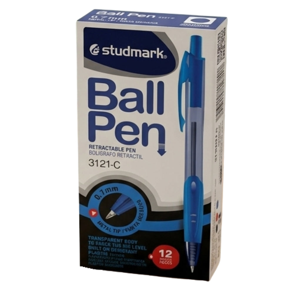 Studmark Bolígrafo Retráctil Azul Cuerpo Transparente 12Und