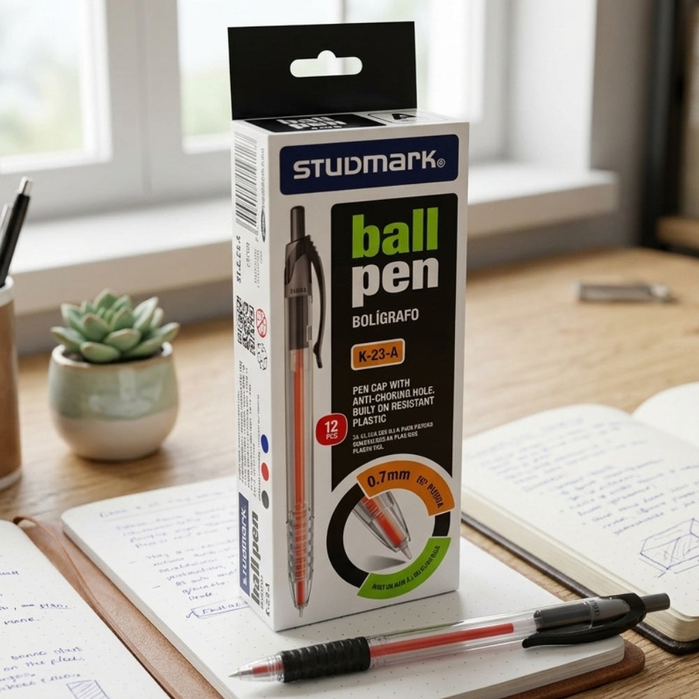 Studmark Bolígrafo Retráctil Negro 12Und
