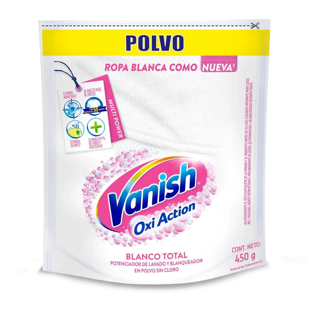 Vanish Blanco Total Potenciador De Lavado Y Blanqueador En Polvo Sin Cloro 450gr