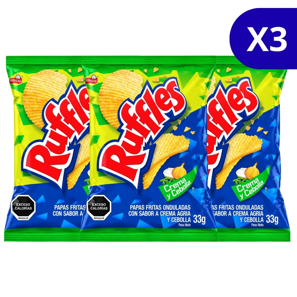Ruffles Papas Fritas Chips Onduladas de Crema y Cebolla Pack de 3 und 36g