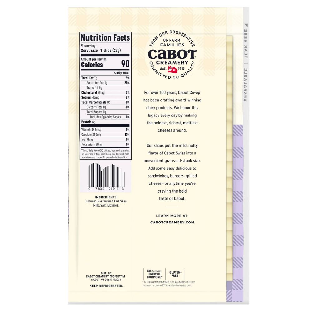 Cabot Creamery Swiss Sliced Cheese 198gr