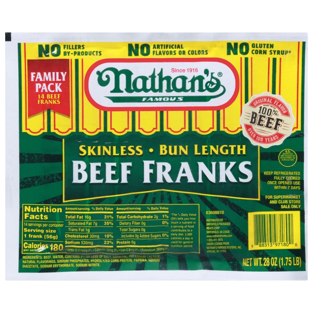 Nathan's Beef Skinless Bun Length 14und 793gr