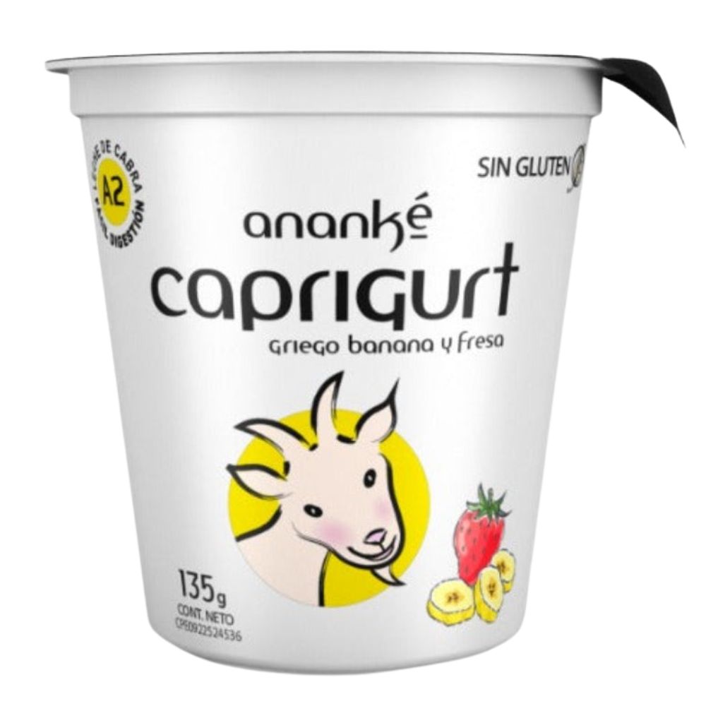 Yogurt Ananké Caprigurt Estilo Griego Leche De Cabra Cambur y Fresa 135g