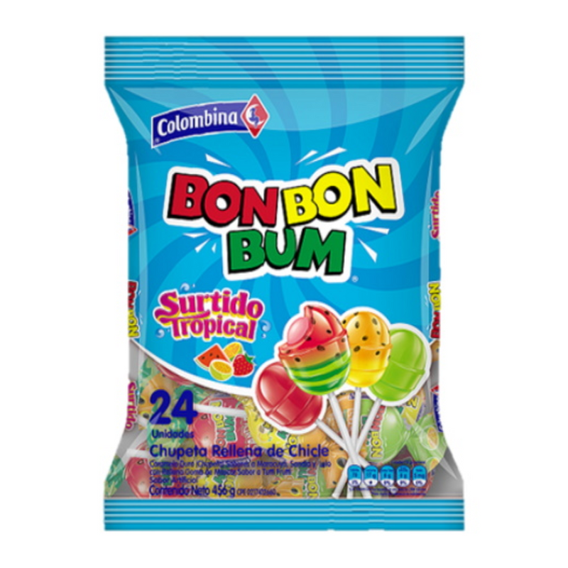 Bon Bon Bum 24 Chupetas Surtido Tropical 456 gr