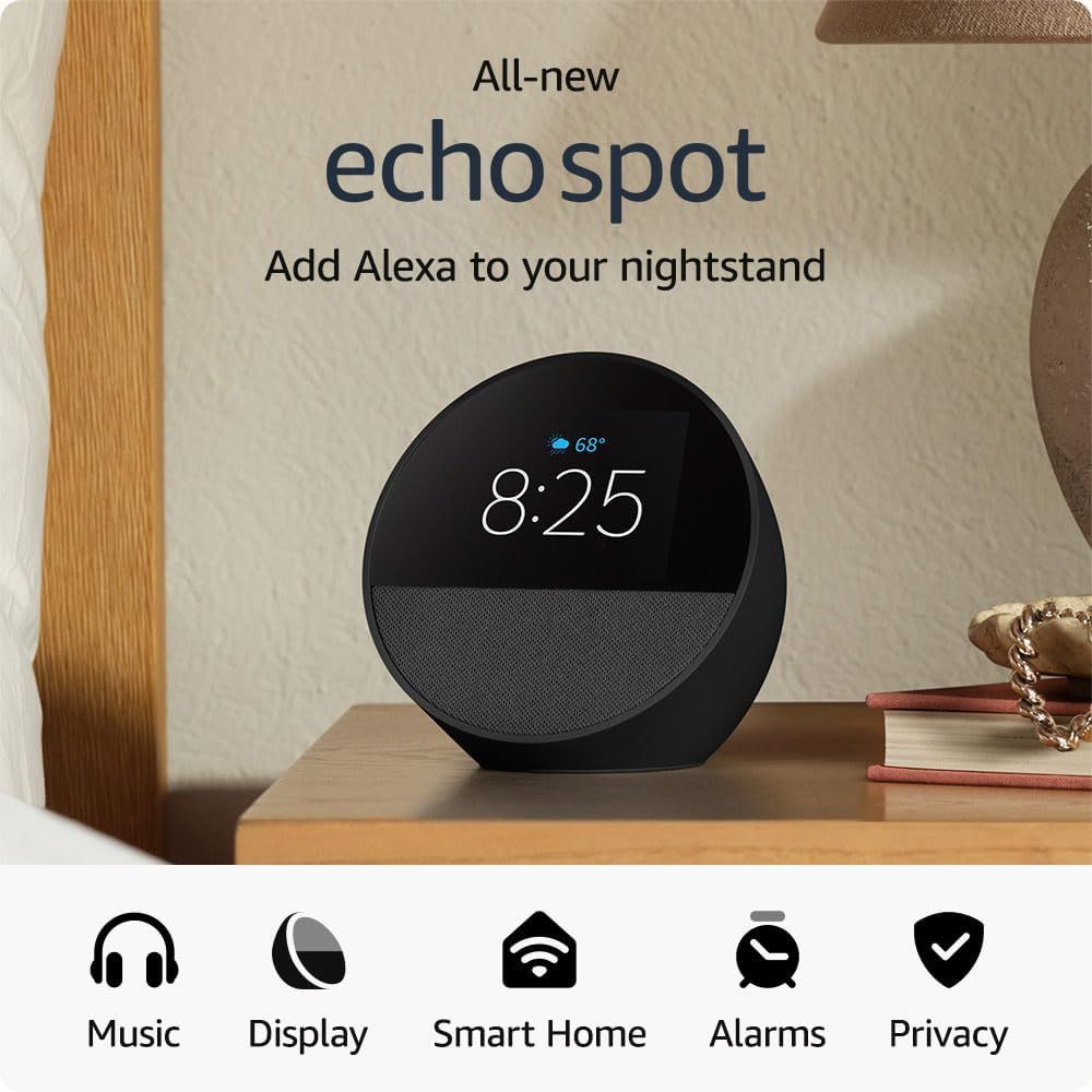 Amazon Echo Spot (2024) Smart Alarm Clock with Vibrating Sound and Alexa Charcoal Black