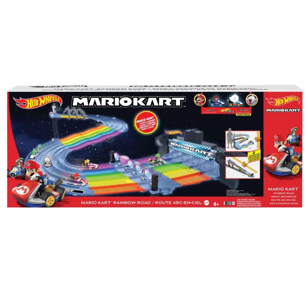 Hot Wheels Pista Mario Kart Rainbow Road Con Luces Sonidos 2 Carritos Circuito Colorido de 5 Pistas