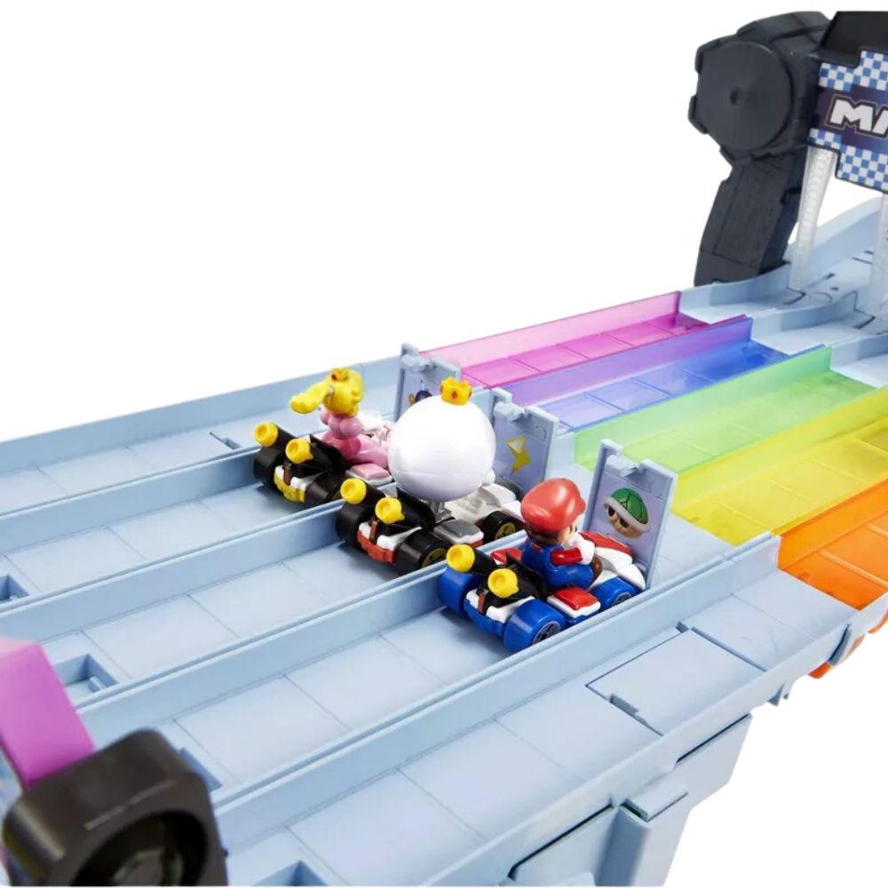 Hot Wheels Pista Mario Kart Rainbow Road Con Luces Sonidos 2 Carritos Circuito Colorido de 5 Pistas