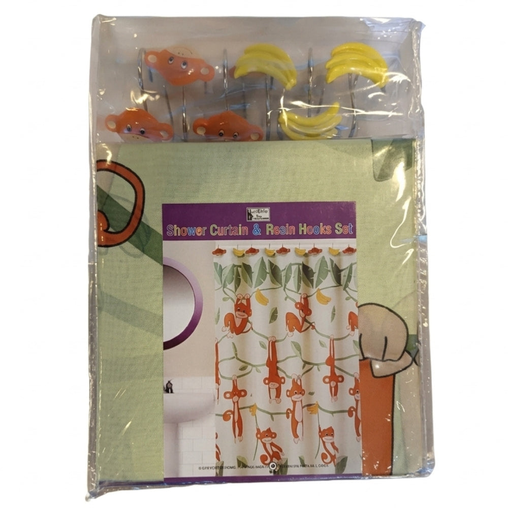Cortina Para Ducha Shower Curtain & Resin Hooks Set 70" x 72" Monkeys