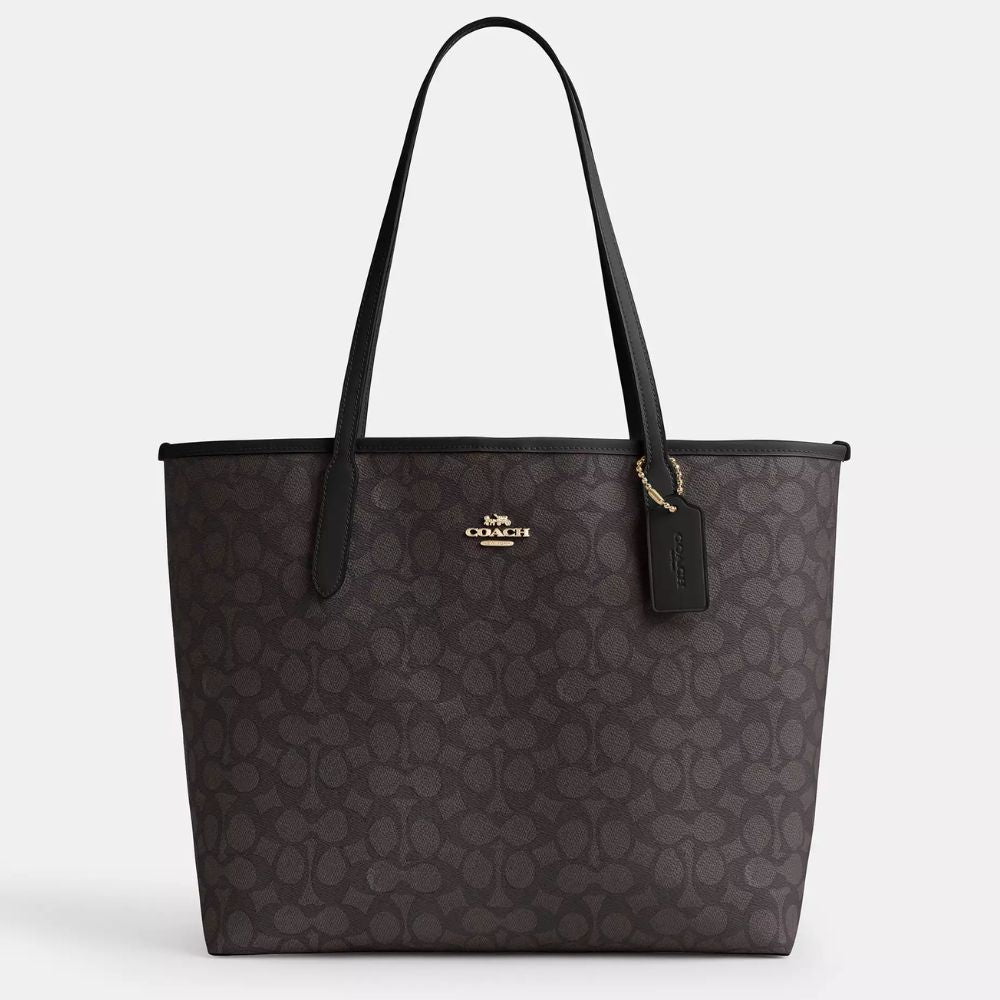 Coach Cartera City Tote Bag In Signature Canvas Color Walnut/Black