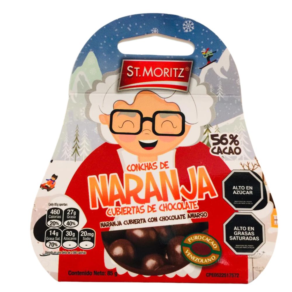 St. Moritz Navidad Conchas de Naranja Cubierto de Chocolate Amargo 85gr