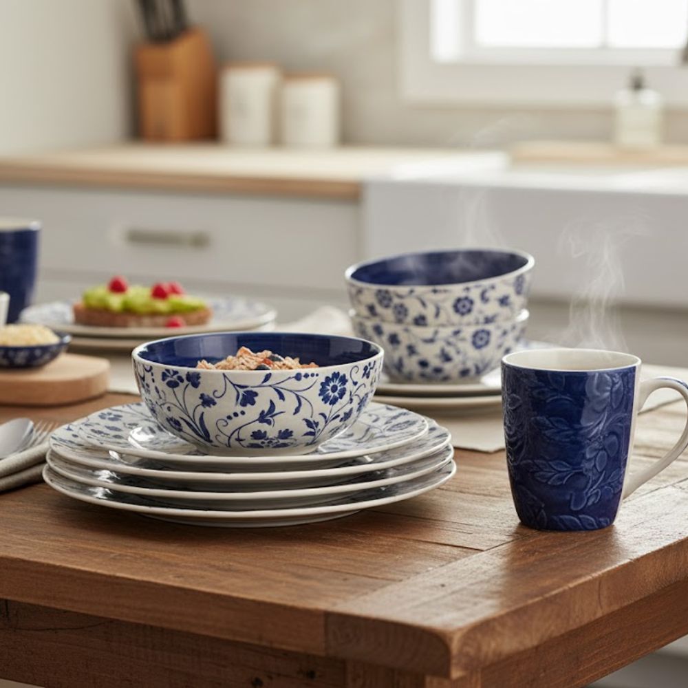 Vajilla Gibson Elite: Colección Gala Floral Azul 16 Pcs