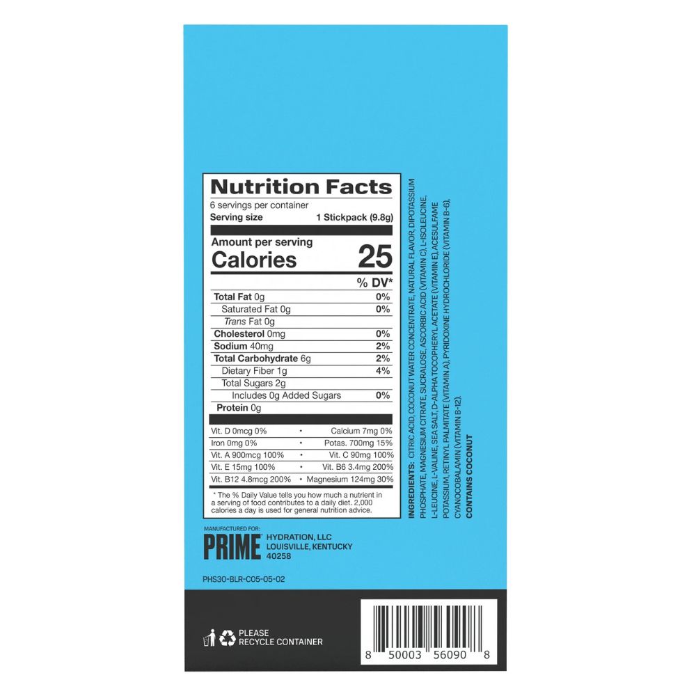 Prime Electrolyte Drink Mix Blue Raspberry 6 Sticks