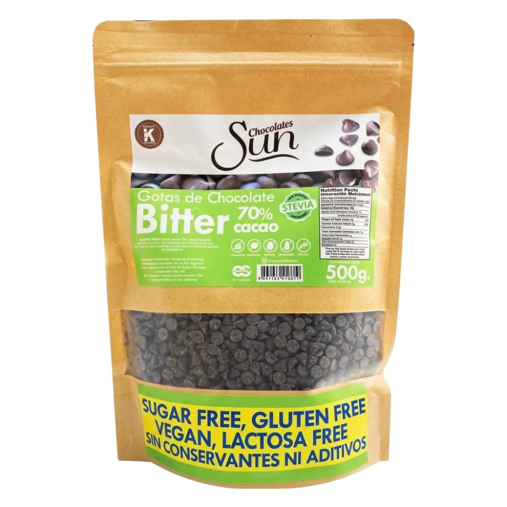 Chocolate Sun Oscuro Bitter En Gotas Endulzado Con Stevia 70% Cacao 500gr