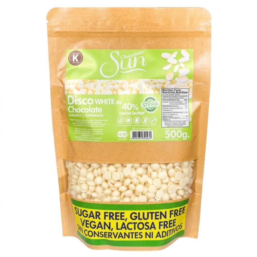 Sun Discos De Chocolate Blanco Vegan Endulzado Con Stevia 40% Manteca de Cacao 500gr