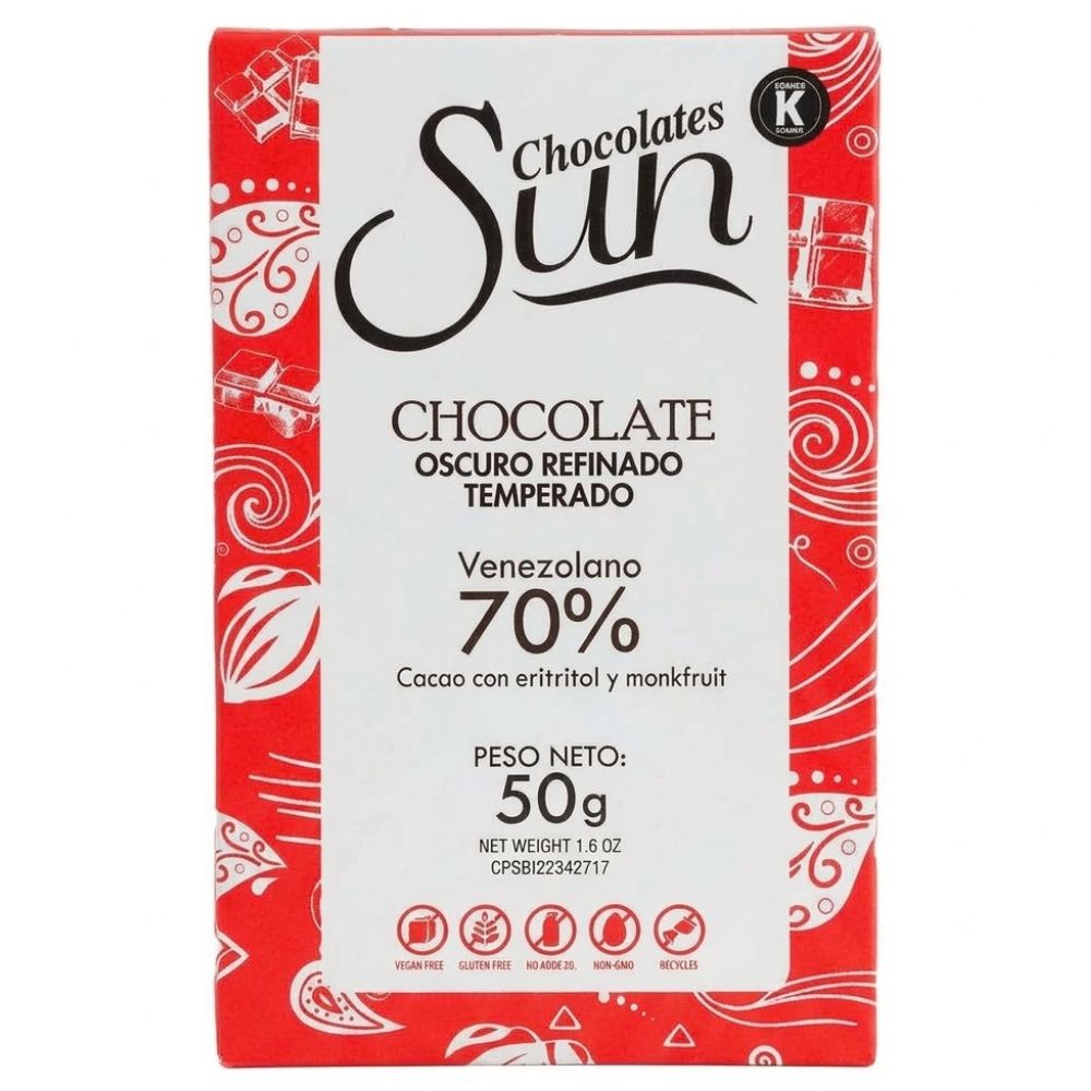 Chocolate Oscuro En Barra Refinado y Temperado Endulzado Con Eritritol 70% 50gr