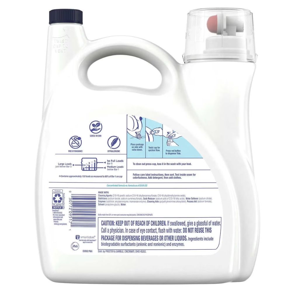 Tide Hypoallergenic Free & Gentle 152 Cargas Ultra Concentrated Oxi Free & Gentle 5.02L