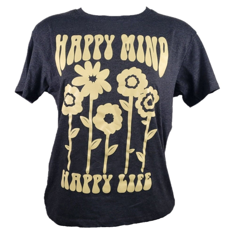 T-Shirt Para Dama Happy Mind Color Gris Oscuro Con Manga Corta