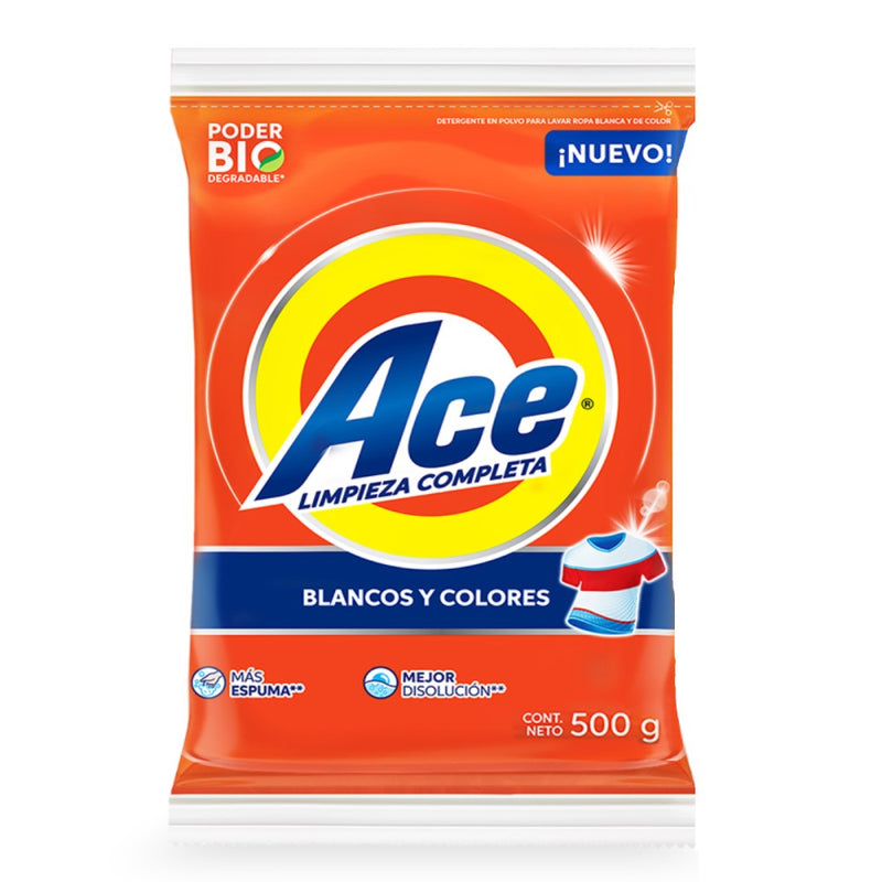 Ace Detergente 500g Blancos y Colores En Polvo Para Ropa Bio Espuma