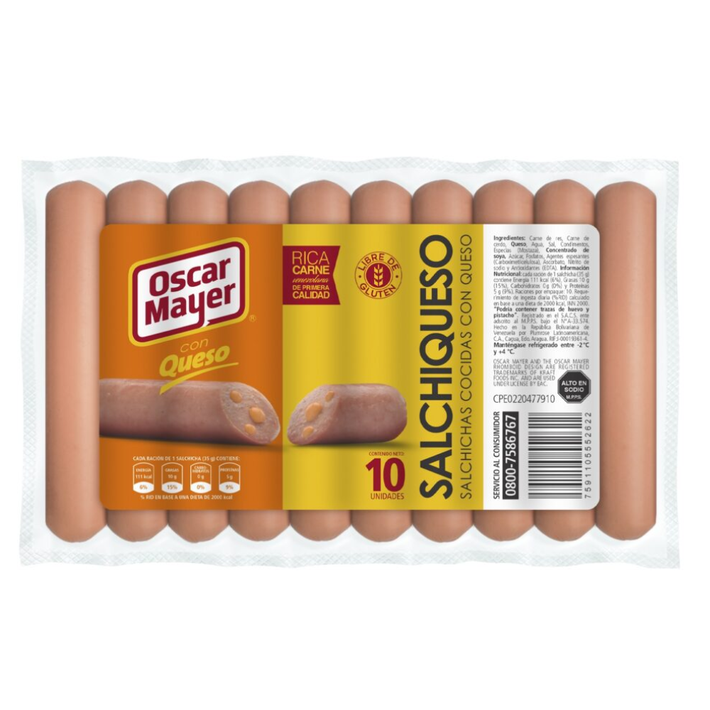 Salchichas Oscar Mayer con Queso Libre de Gluten 10und
