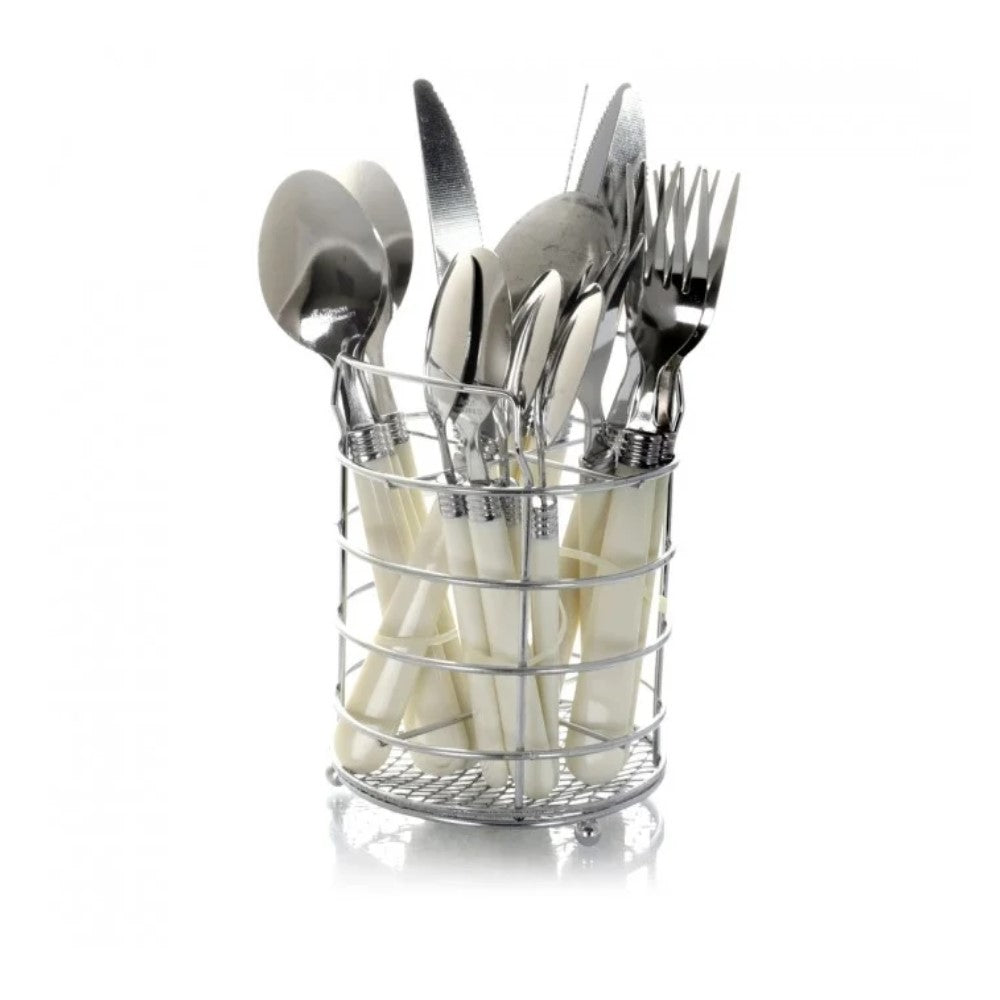 Set De Cubiertos 16 Piezas Gibson Everyday Acero Inoxidable y Mango Blanco con Soporte de Metal