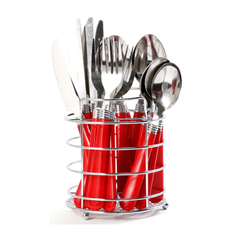 Set De Cubiertos 16 Piezas Gibson Everyday Acero Inoxidable y Mango Rojo con Soporte de Metal