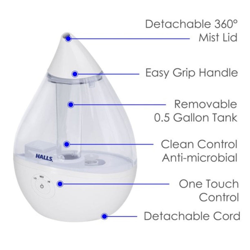 Halls Humidifier Cool Mist Filter Free Ultrasonic Half Gallon Tank 15 Horas