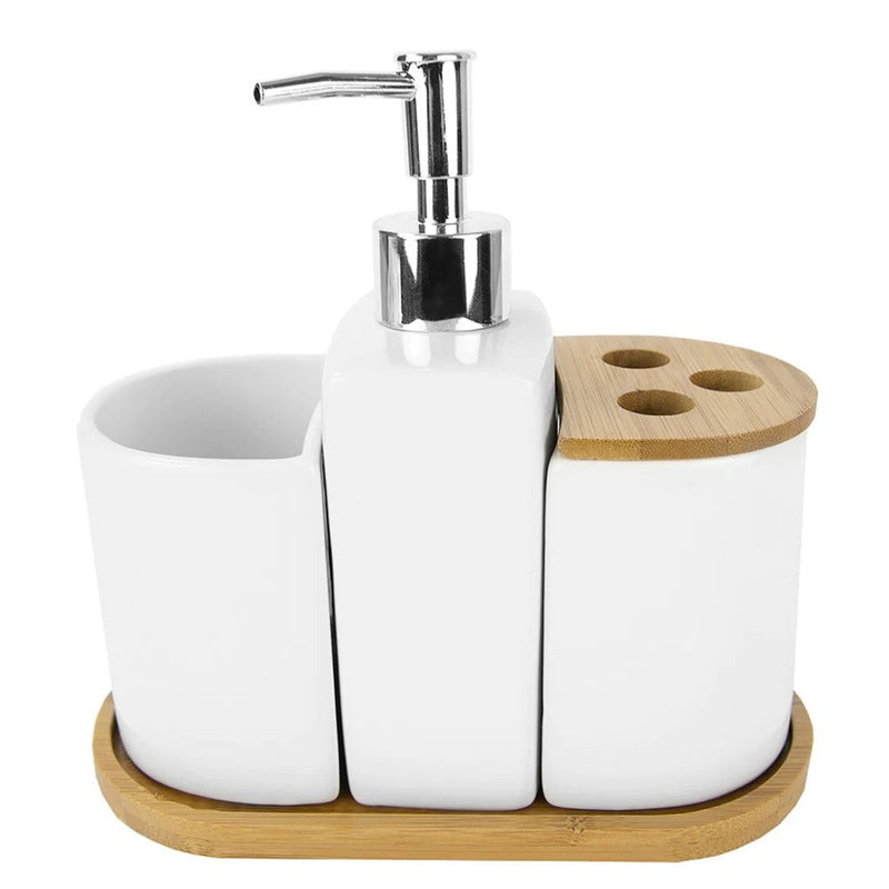 Set Accesorios Para Baño De Ceramica y Bamboo Blanco 3piezas