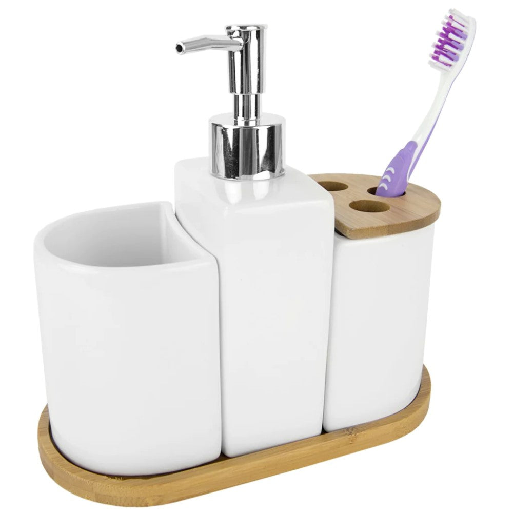 Set Accesorios Para Baño De Ceramica y Bamboo Blanco 3piezas