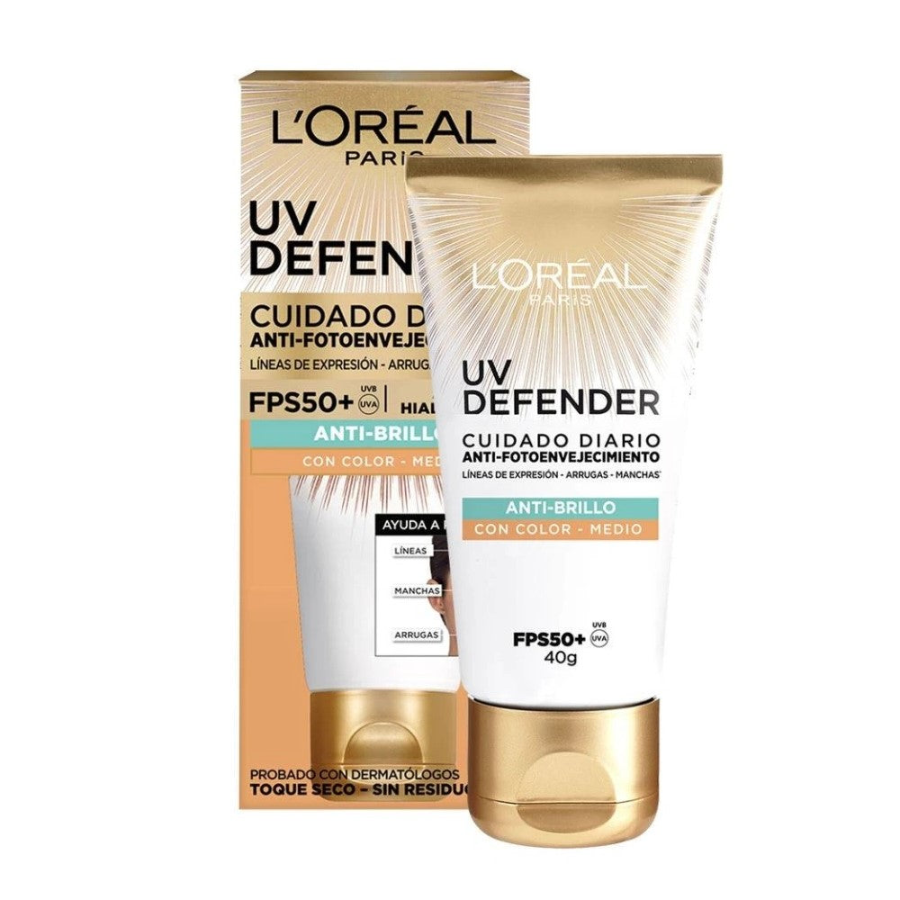 Loreal UV Defender Cuidado Diario Anti-FotoEnvejecimiento FPS 50+ Anti-Brillo Con Color Medio 40g