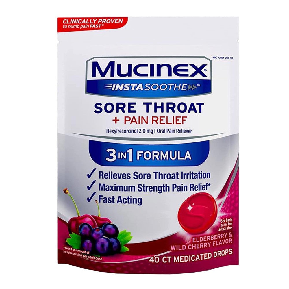 Mucinex Sore Throat Pain Relief Candies Elderberry Cherry 40und