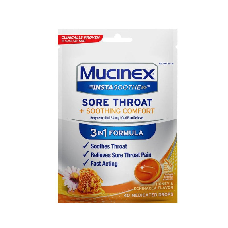 Mucinex Caramelos Instsoothe Sore Troat Soothing Comfort Oral Pain Reliever 3 in 1 40und
