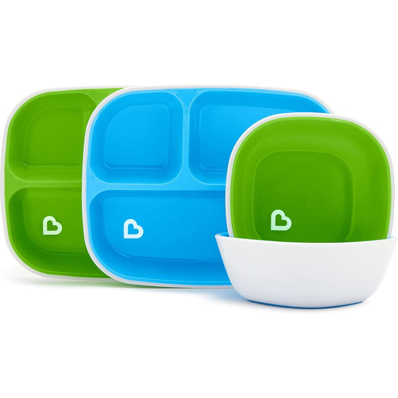 Munchkin Set de 4  Divided Plate & Bowl Dining Blue Green 6meses+