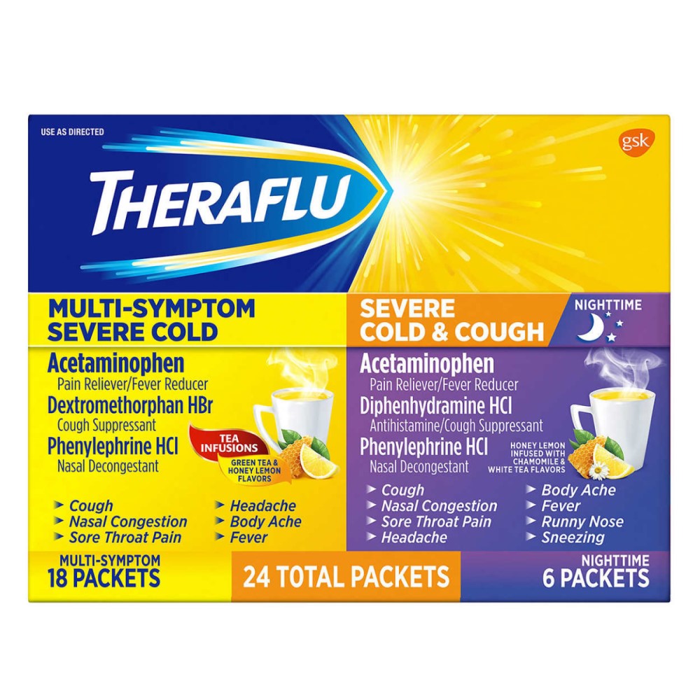 Theraflu 24 Packs Pain Reliever Fever Reducer 18 Packets Day 6 Packets Nighttime