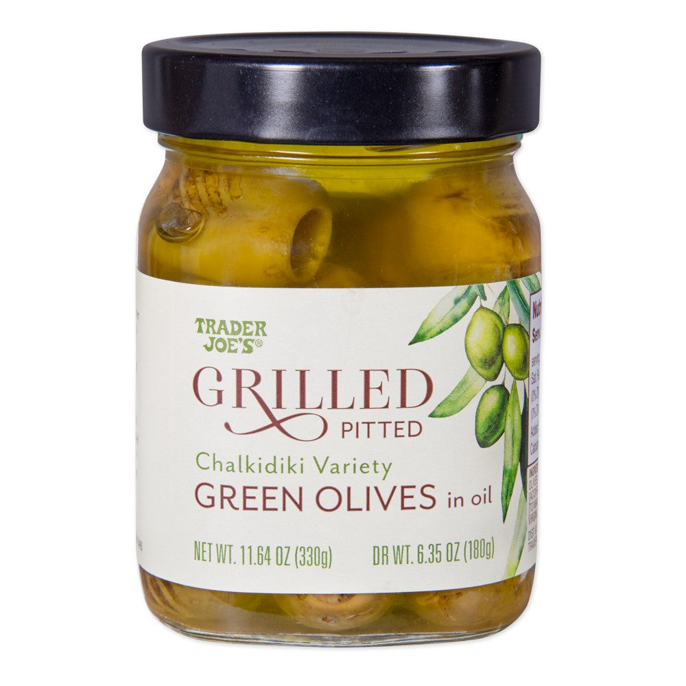 Trader Joeʹs Aceitunas Grilled Pitted Chalkidiki Variety Green Olives 330g