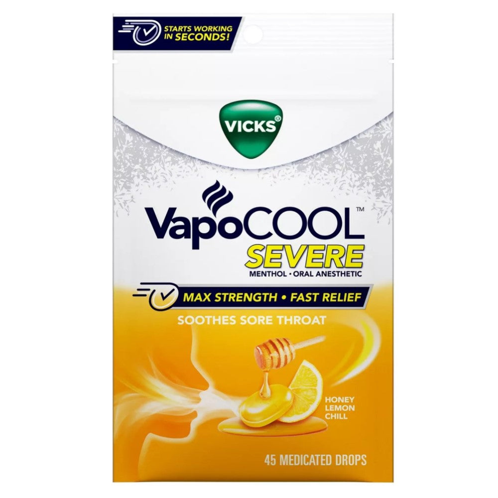 Vicks VapoCool Severe Menthol Oral Anesthetic Honey Lemon Chill 45 Medicated Drops